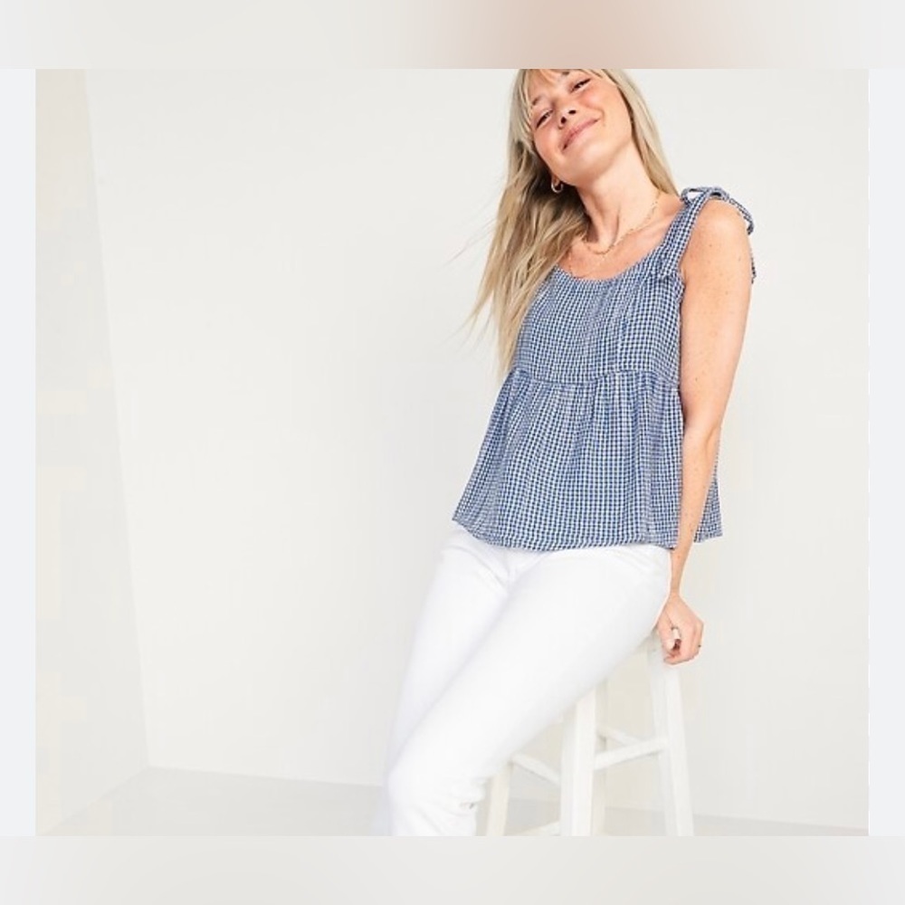 Old Navy Blue Gingham Tie-Shoulder Tank Top